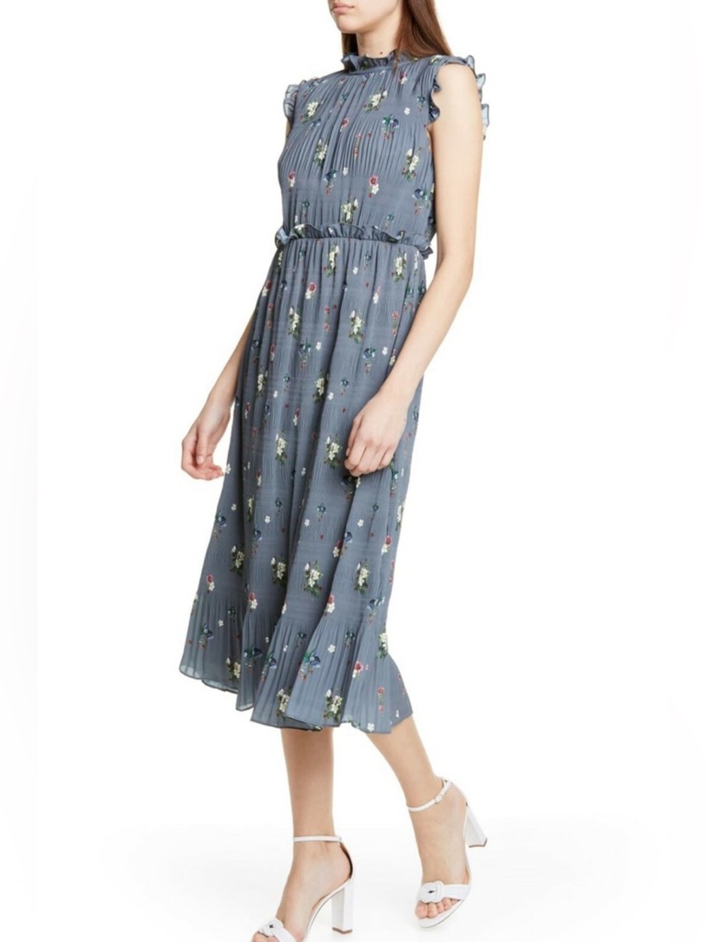 Ted Baker Toppaz Oracle Pleated Midi Dress Gray Floral M